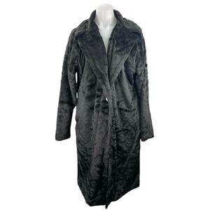 Missguided Women Black Fleece Button Teddy Collared Longline Coat Jacket Size 2